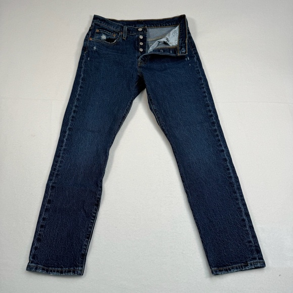 Levis 501 Straight Leg Jeans Size 29X28 Dark Wash Denim Button Fly Distressed - Picture 2 of 16